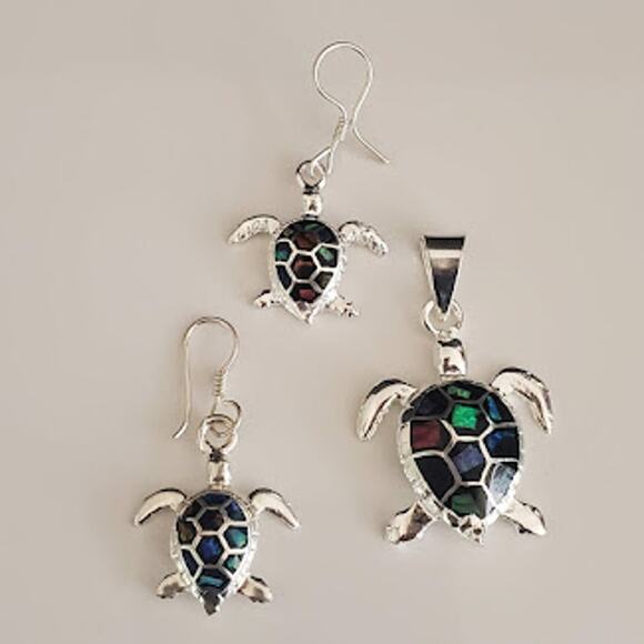 Set Of Opalite Sea Turtle Pendant & Drop Earrings Silver Plated 3-Piece Set NWOT - Picture 4 of 4